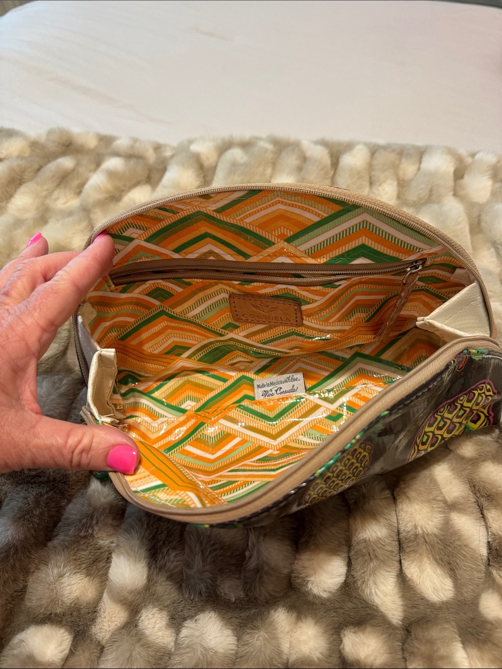 Consuela Chevron-Print Cosmetic Pouch in Green, Yellow and Orange size Lg 9.5w - Picture 2 of 5